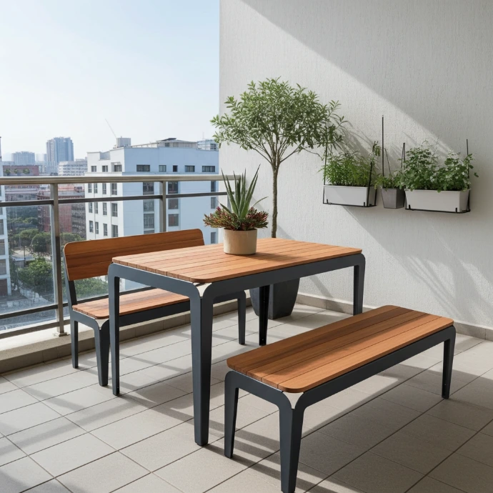 mesa, banca y asiento de madera tropical